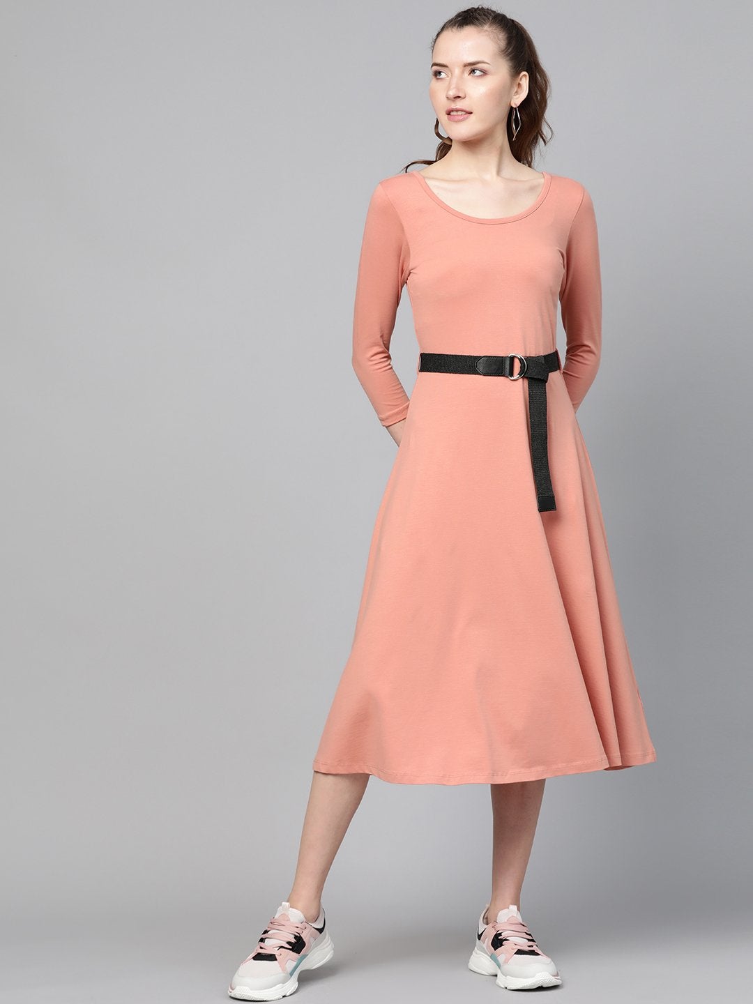 Women's Peach Skater Belted Midi Dress - SASSAFRAS