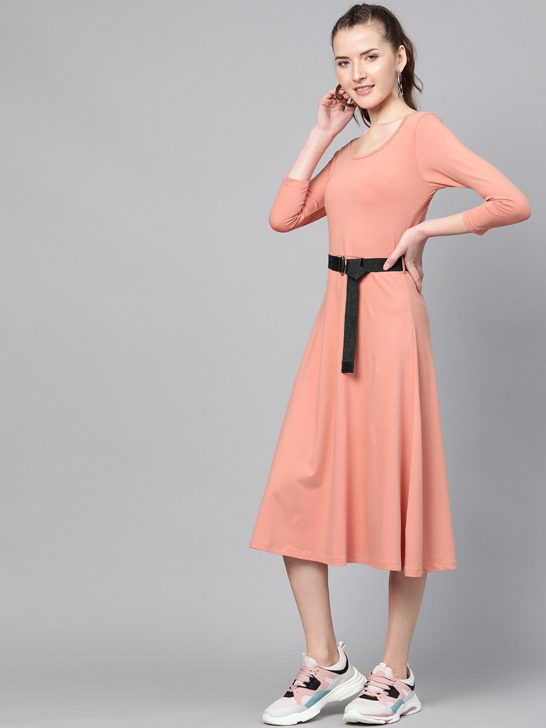 Women's Peach Skater Belted Midi Dress - SASSAFRAS