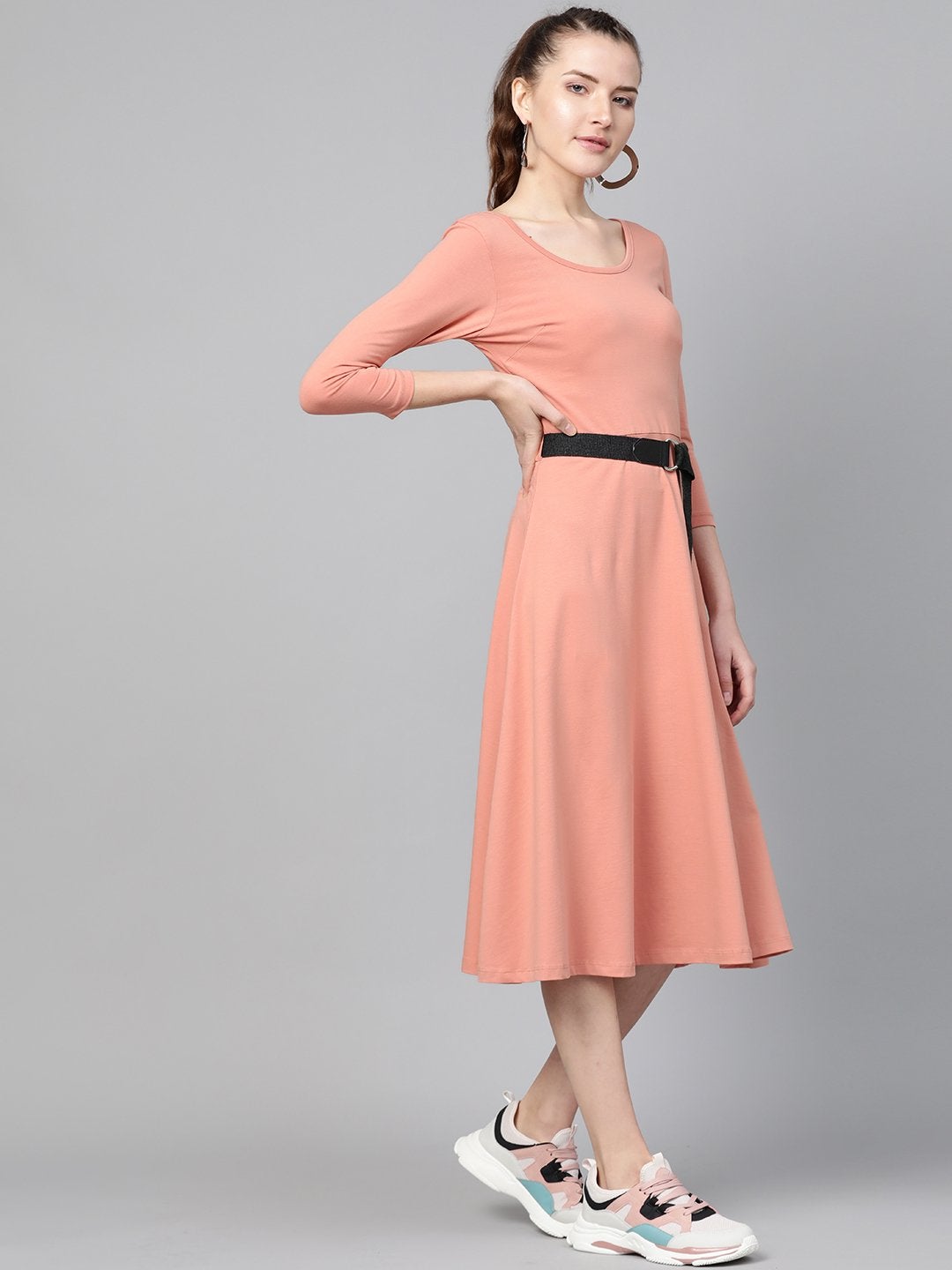 Women's Peach Skater Belted Midi Dress - SASSAFRAS