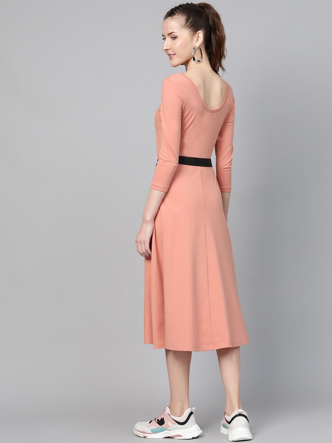 Women's Peach Skater Belted Midi Dress - SASSAFRAS