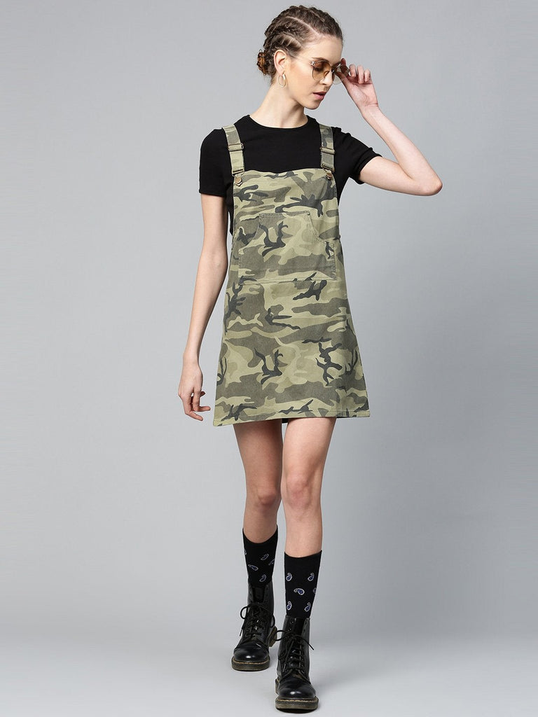 Women's Green Camouflage Twill Pinafore Dress
