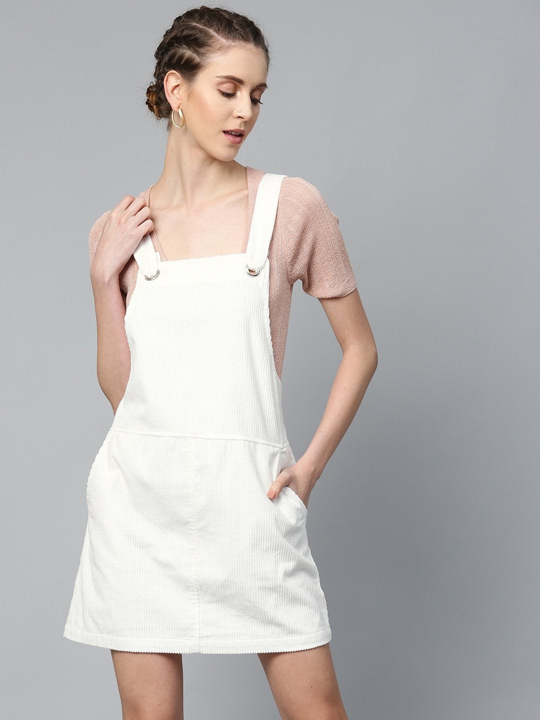 Women's White Corduroy Pinafore Dress - SASSAFRAS