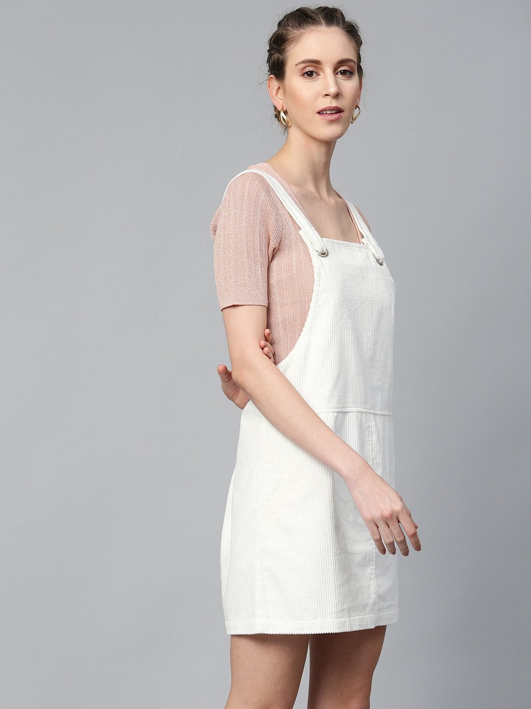 Women's White Corduroy Pinafore Dress - SASSAFRAS