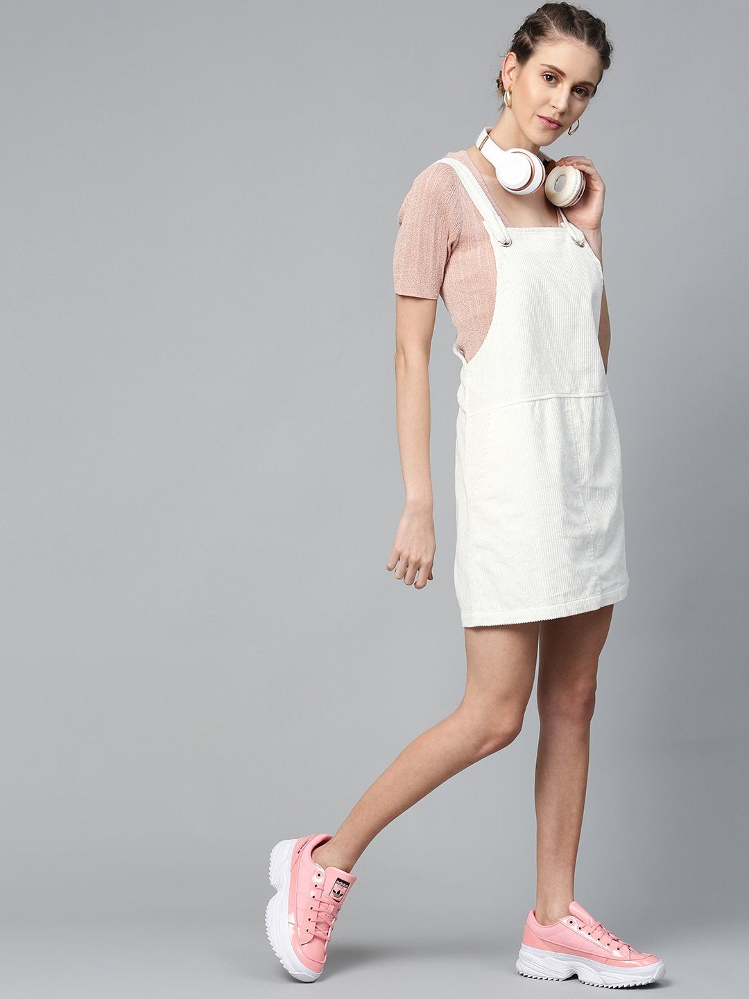 Women's White Corduroy Pinafore Dress - SASSAFRAS