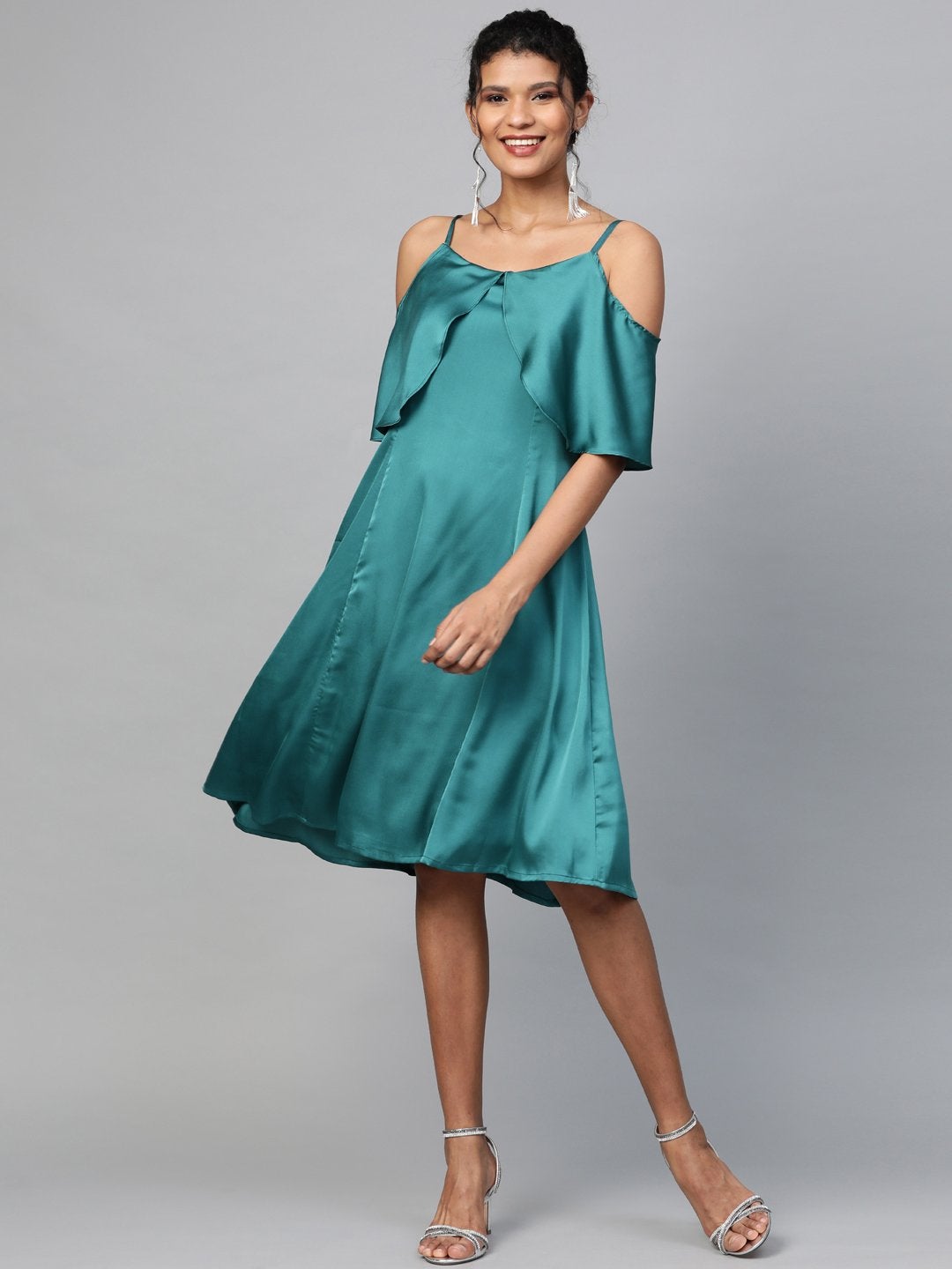 Women's Emerald Green Satin Strappy Skater Dress - SASSAFRAS