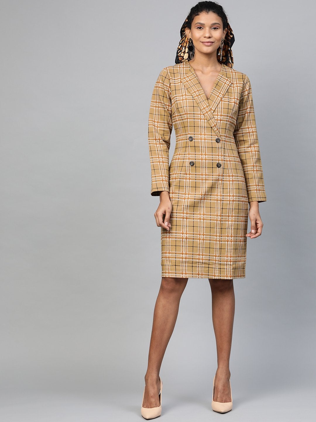 Women's Beige Check Wrap Twill Blazer Dress - SASSAFRAS