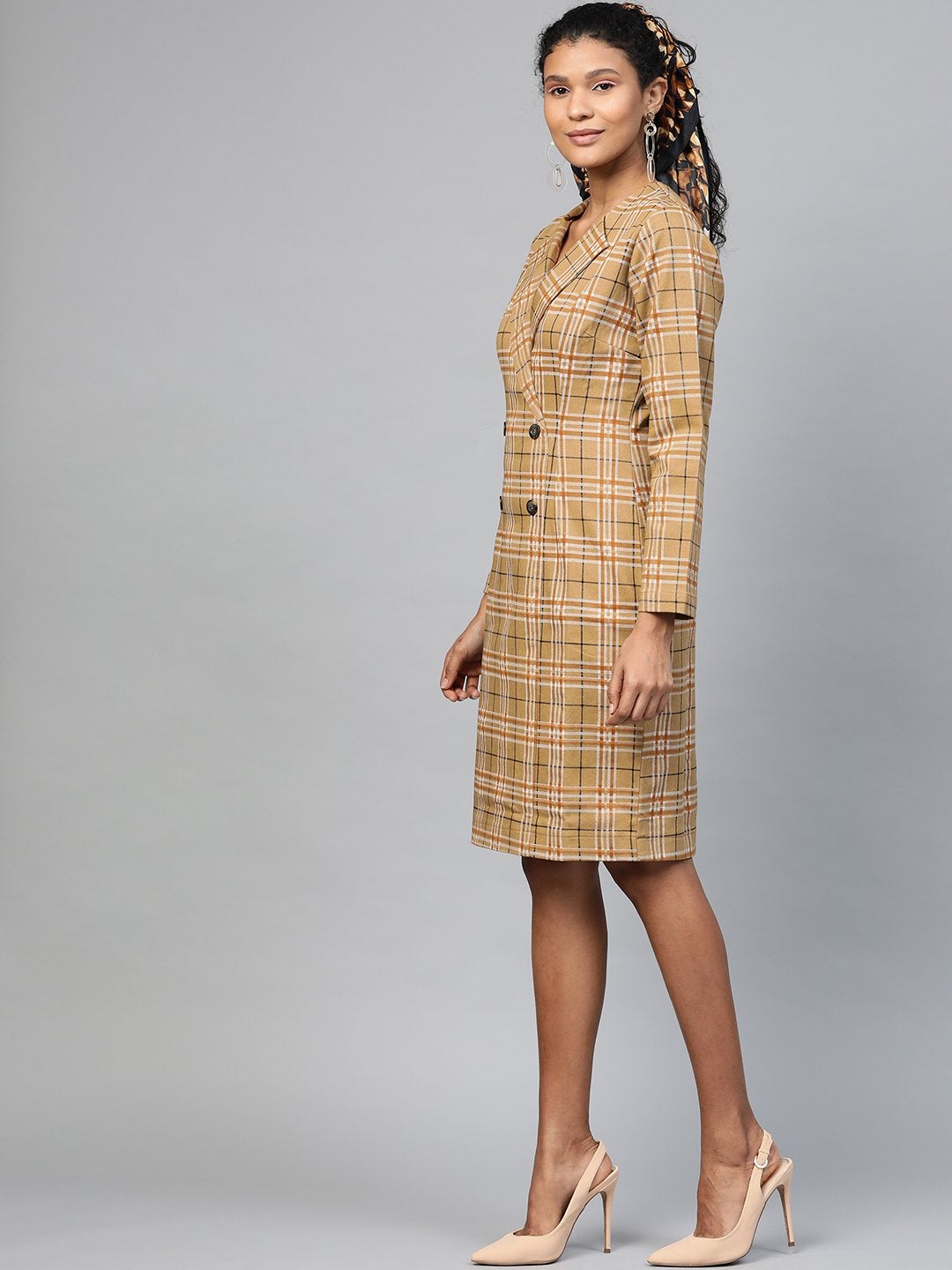 Women's Beige Check Wrap Twill Blazer Dress - SASSAFRAS