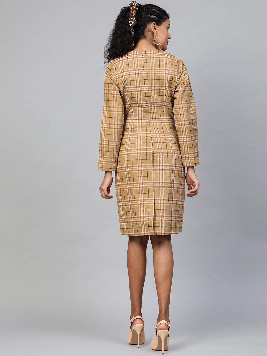 Women's Beige Check Wrap Twill Blazer Dress - SASSAFRAS