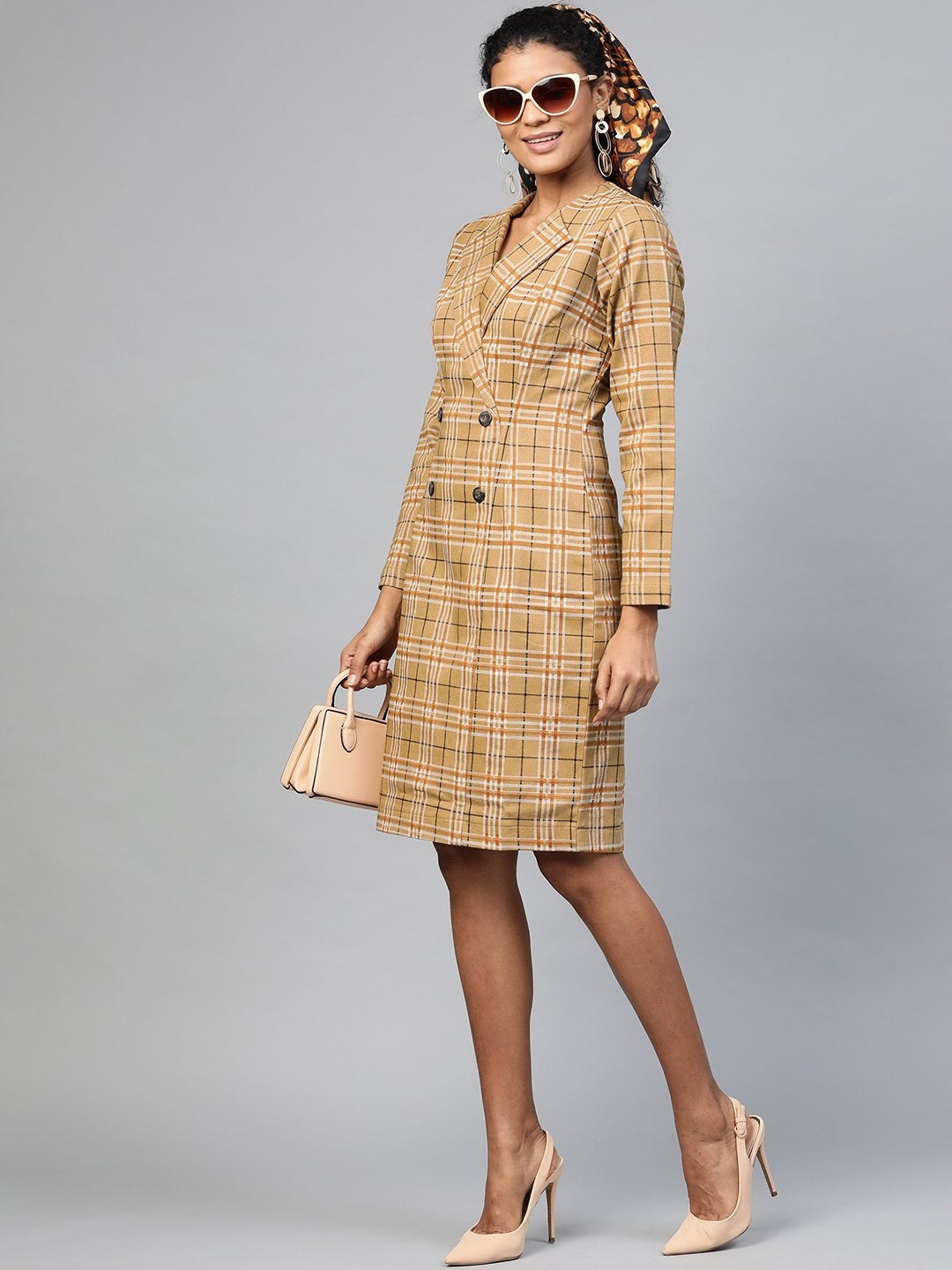 Women's Beige Check Wrap Twill Blazer Dress - SASSAFRAS