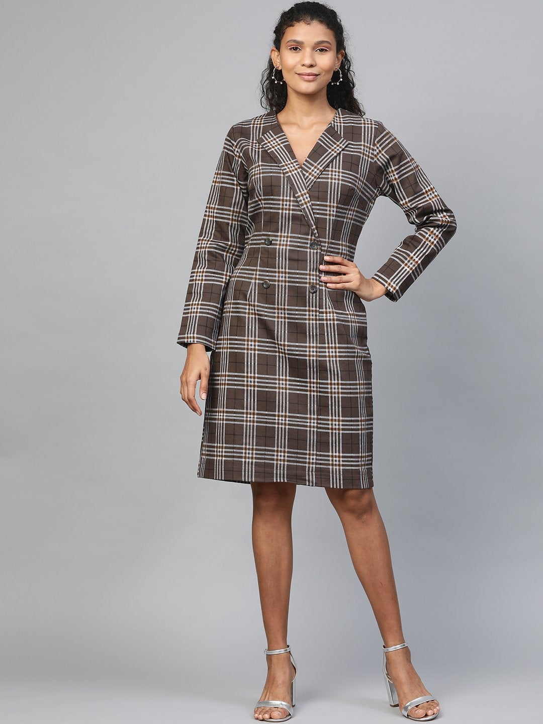 Women's Brown Check Wrap Twill Blazer Dress - SASSAFRAS