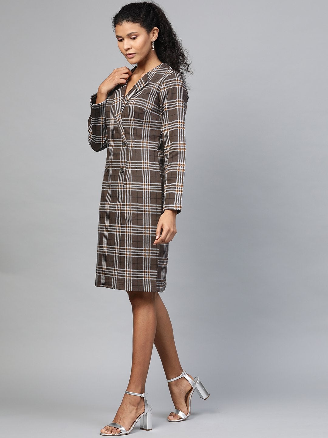 Women's Brown Check Wrap Twill Blazer Dress - SASSAFRAS