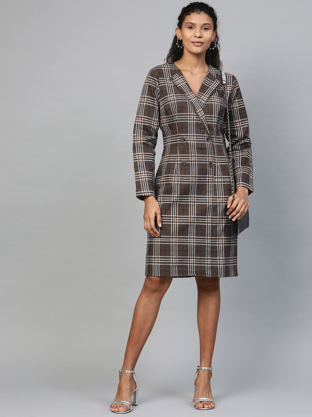 Women's Brown Check Wrap Twill Blazer Dress - SASSAFRAS