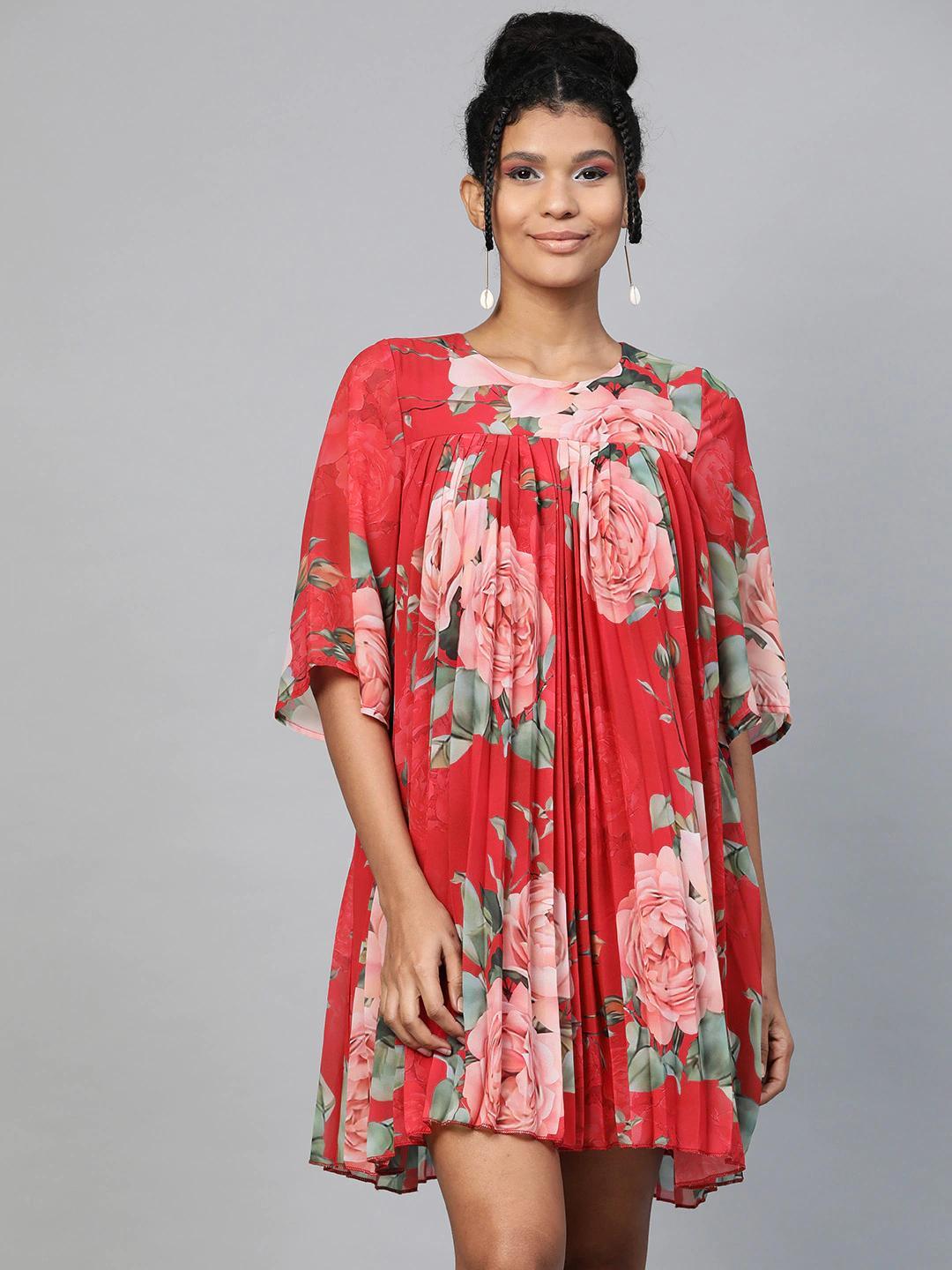 Women's Red Floral Pleated Trapeze Dress - SASSAFRAS