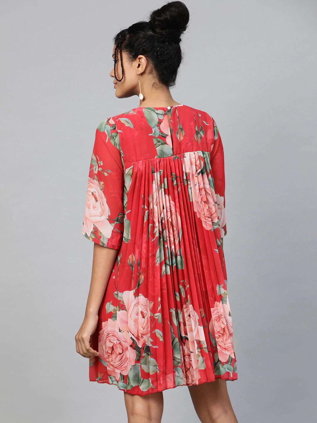 Women's Red Floral Pleated Trapeze Dress - SASSAFRAS