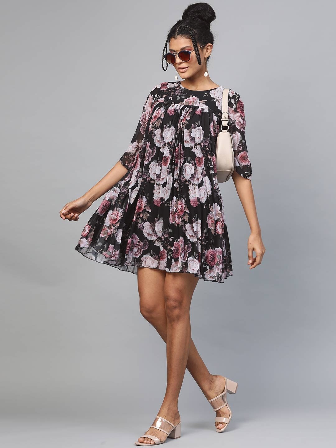 Women's Black Floral Pleated Trapeze Dress - SASSAFRAS