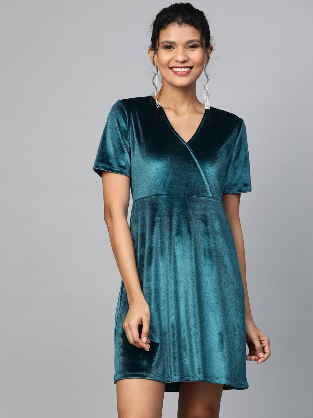 Women's Teal Velvet Wrap Skater Dress - SASSAFRAS