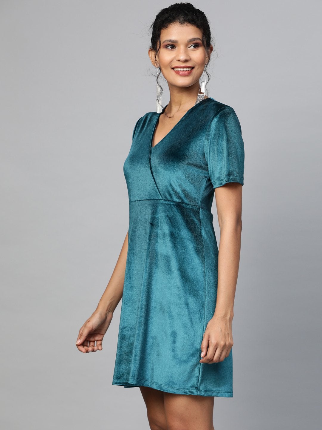 Women's Teal Velvet Wrap Skater Dress - SASSAFRAS