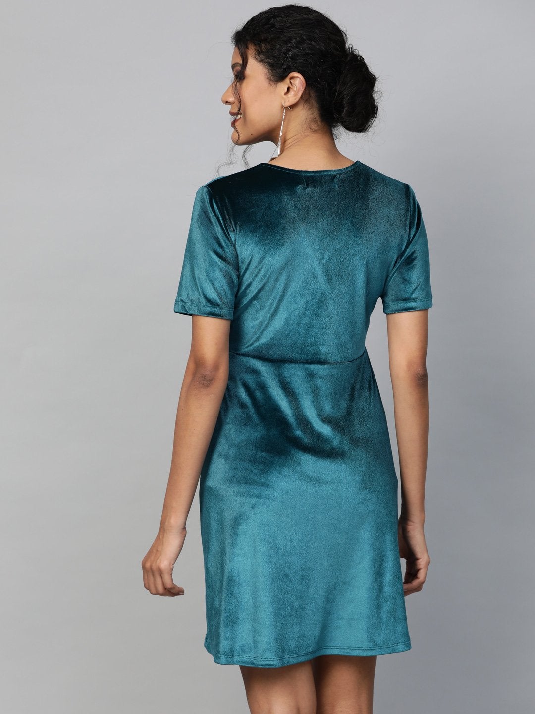 Women's Teal Velvet Wrap Skater Dress - SASSAFRAS