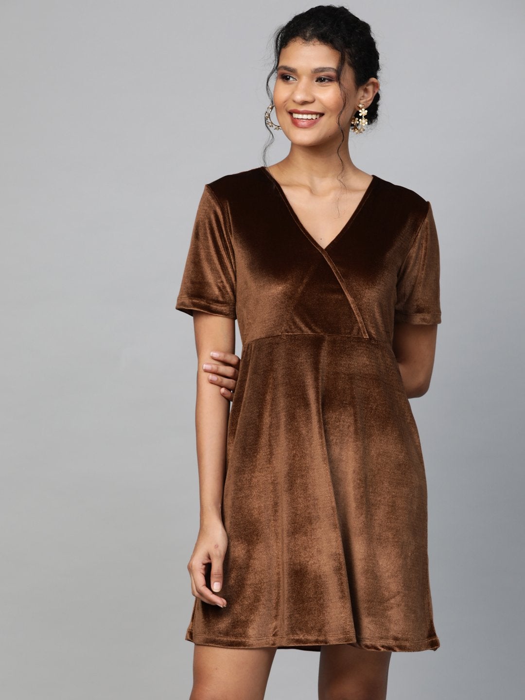 Women's Brown Velvet Wrap Skater Dress - SASSAFRAS