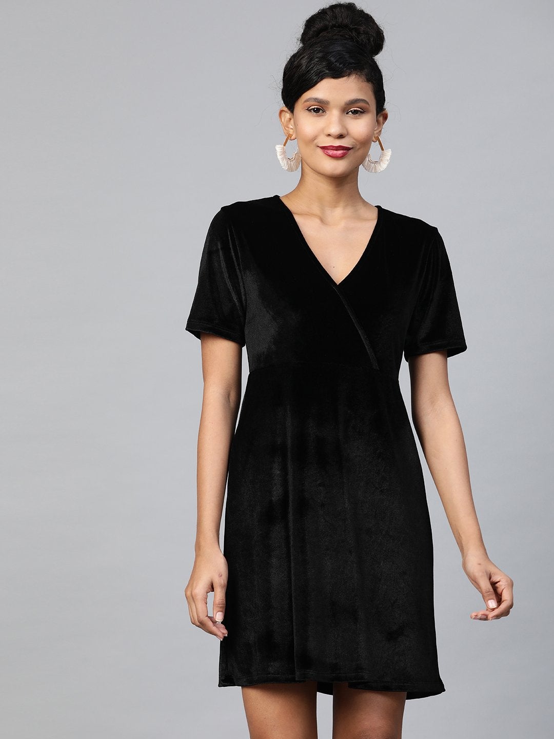 Women's Black Velvet Wrap Skater Dress - SASSAFRAS