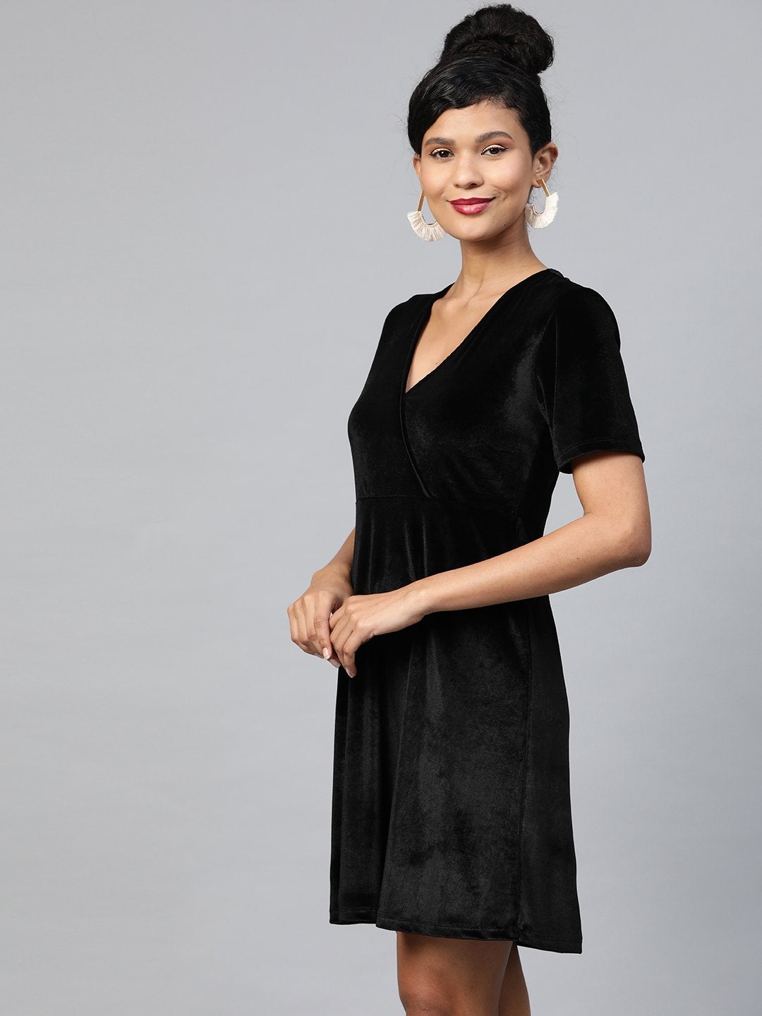 Women's Black Velvet Wrap Skater Dress - SASSAFRAS