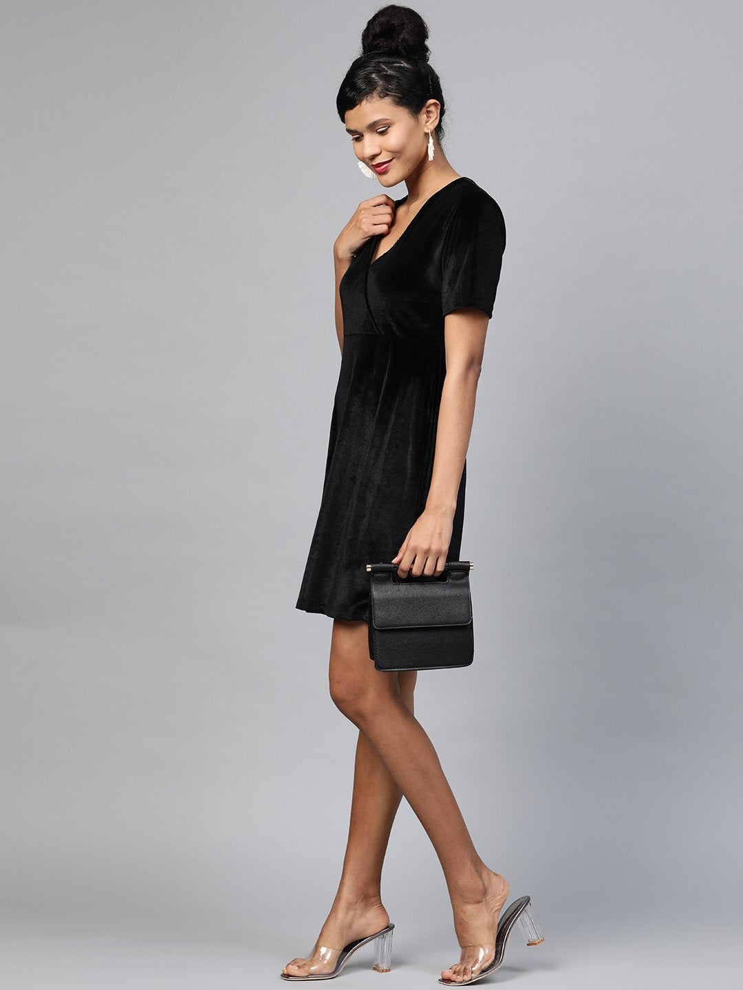 Women's Black Velvet Wrap Skater Dress - SASSAFRAS