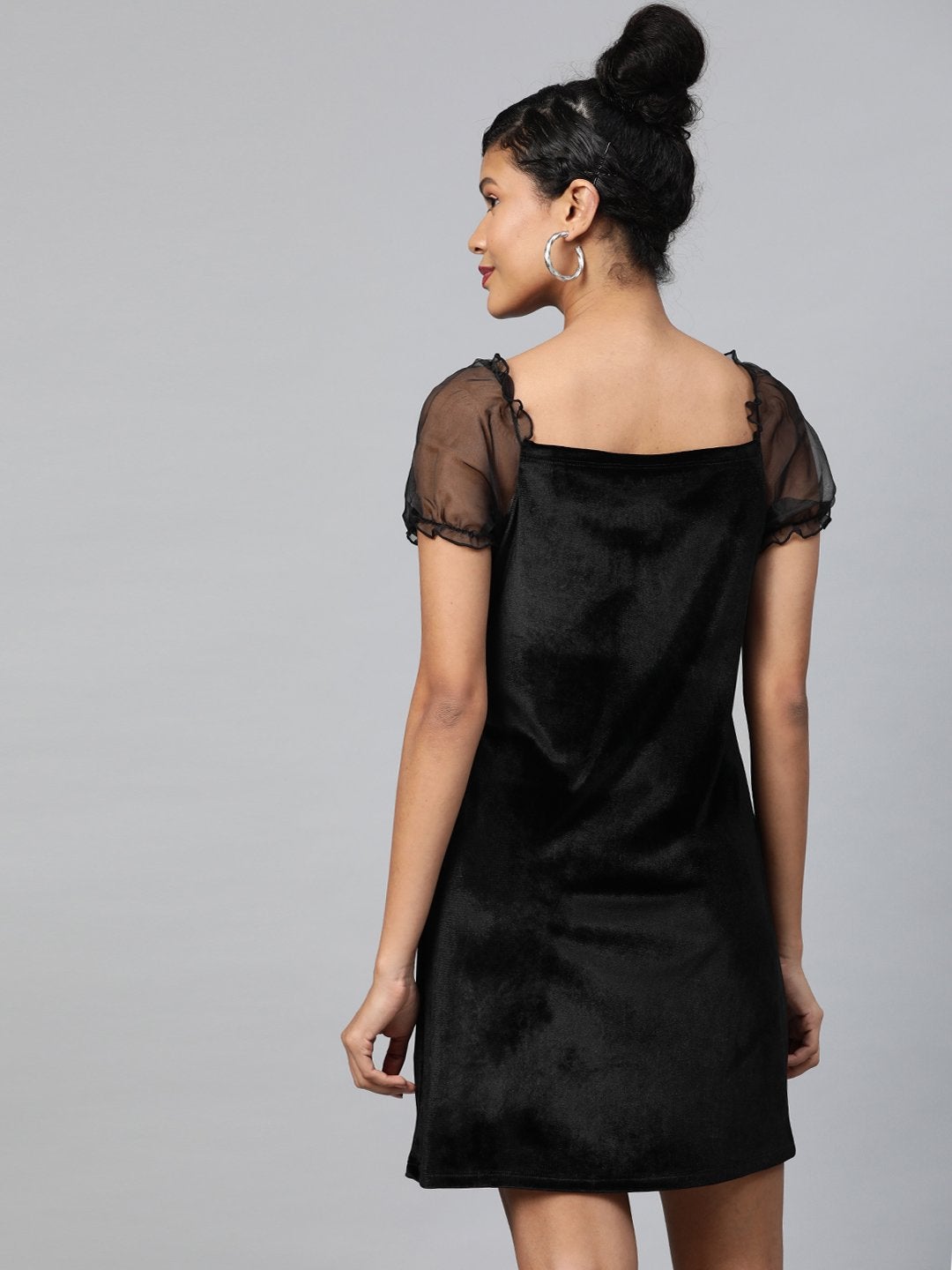 Women's Black Velvet Puff Sleeve Short Dress - SASSAFRAS