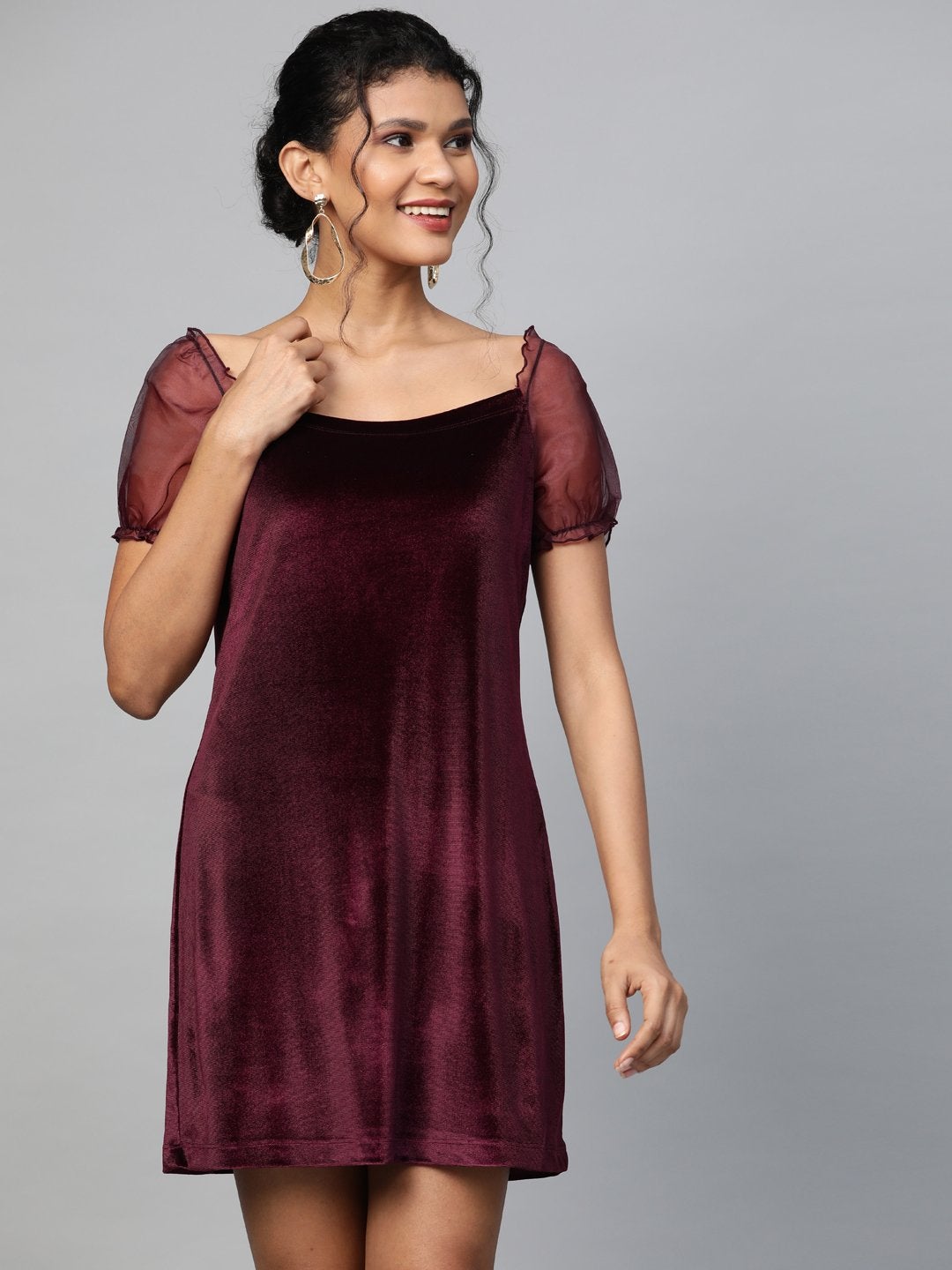 Women's Burgundy Velvet Puff Sleeve Short Dress - SASSAFRAS