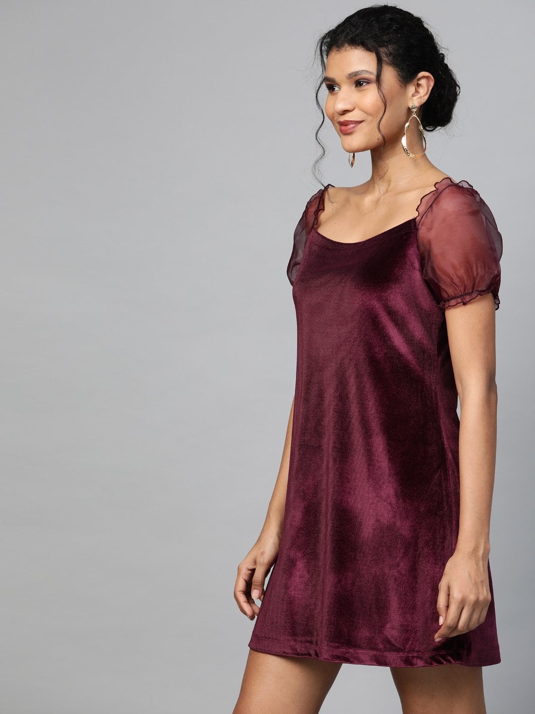 Women's Burgundy Velvet Puff Sleeve Short Dress - SASSAFRAS