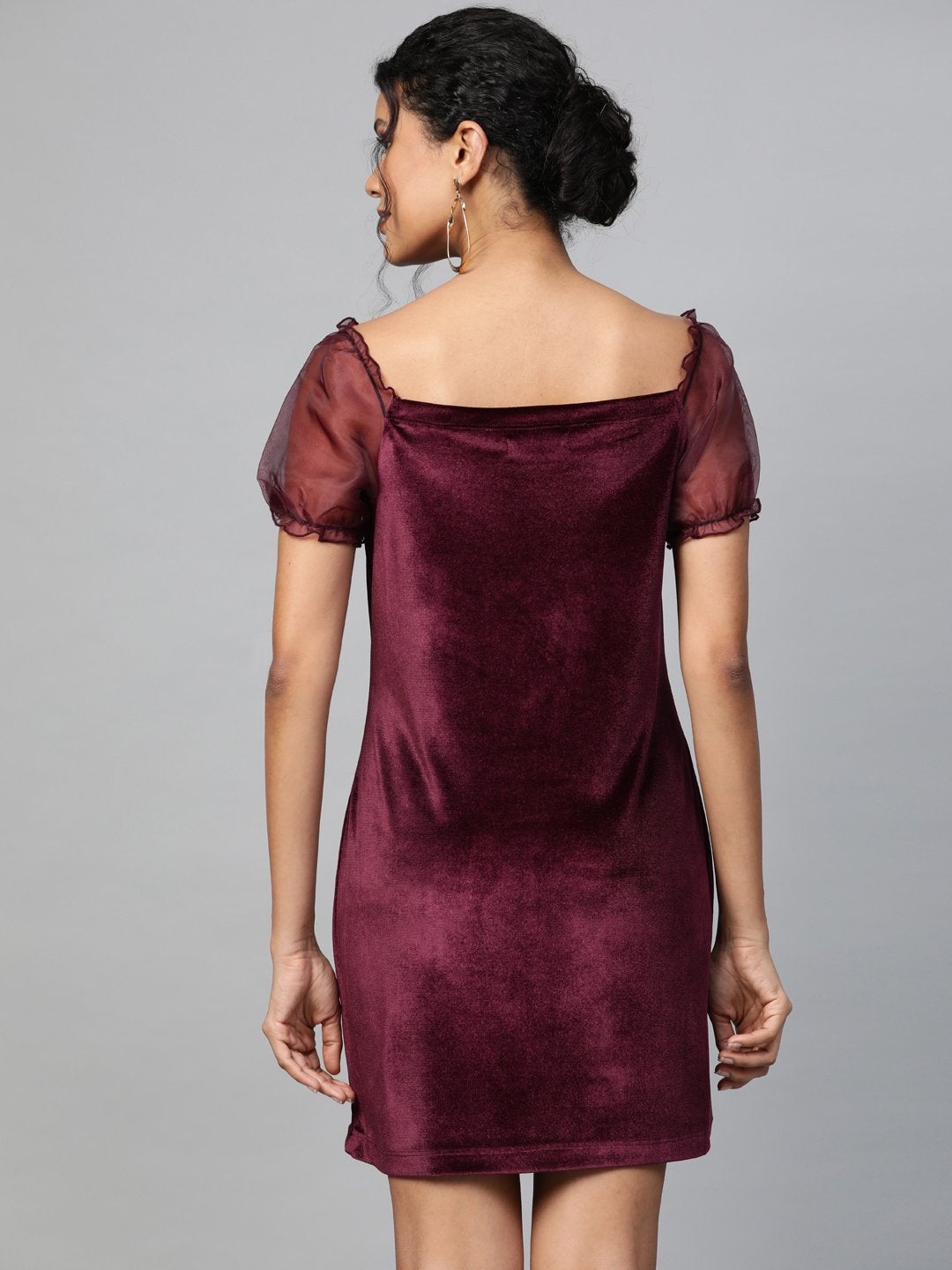 Women's Burgundy Velvet Puff Sleeve Short Dress - SASSAFRAS