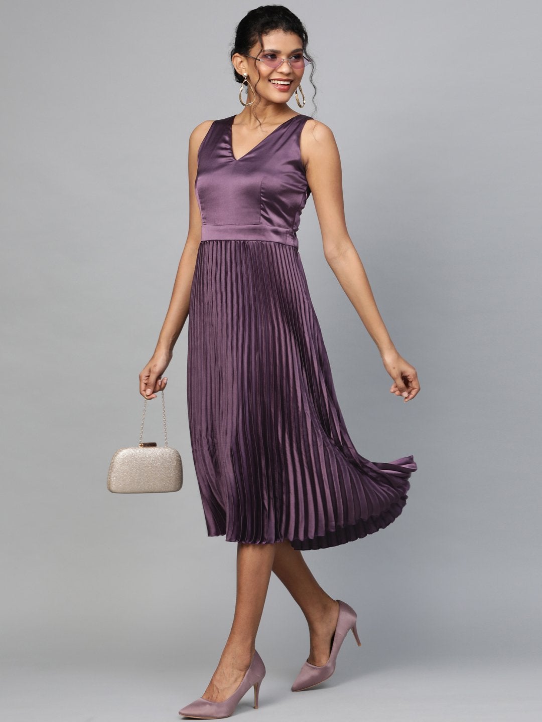 Women's Purple Satin V-Neck Pleated Midi Dress - SASSAFRAS