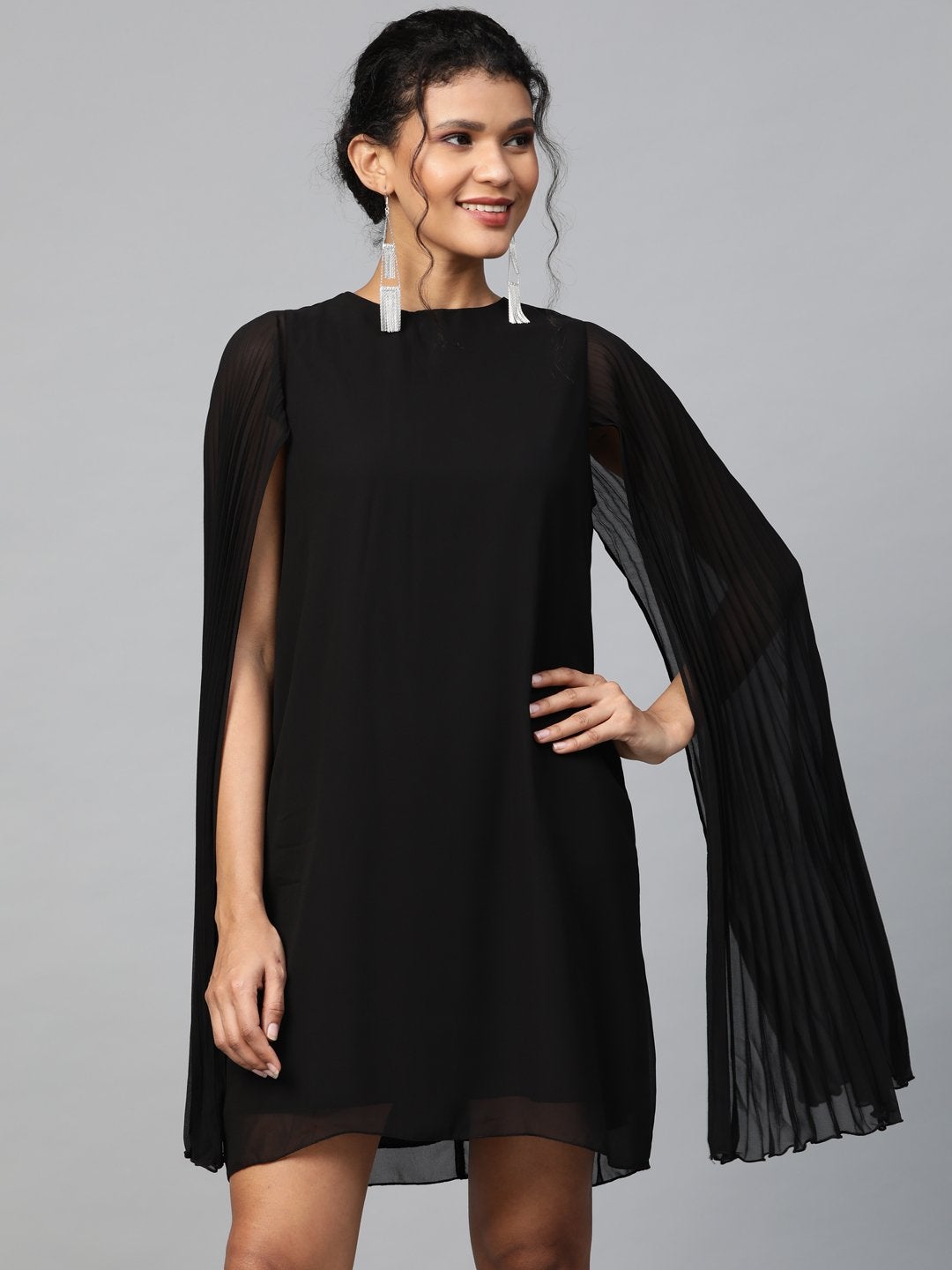 Women's Black Pleated Cape Dress - SASSAFRAS