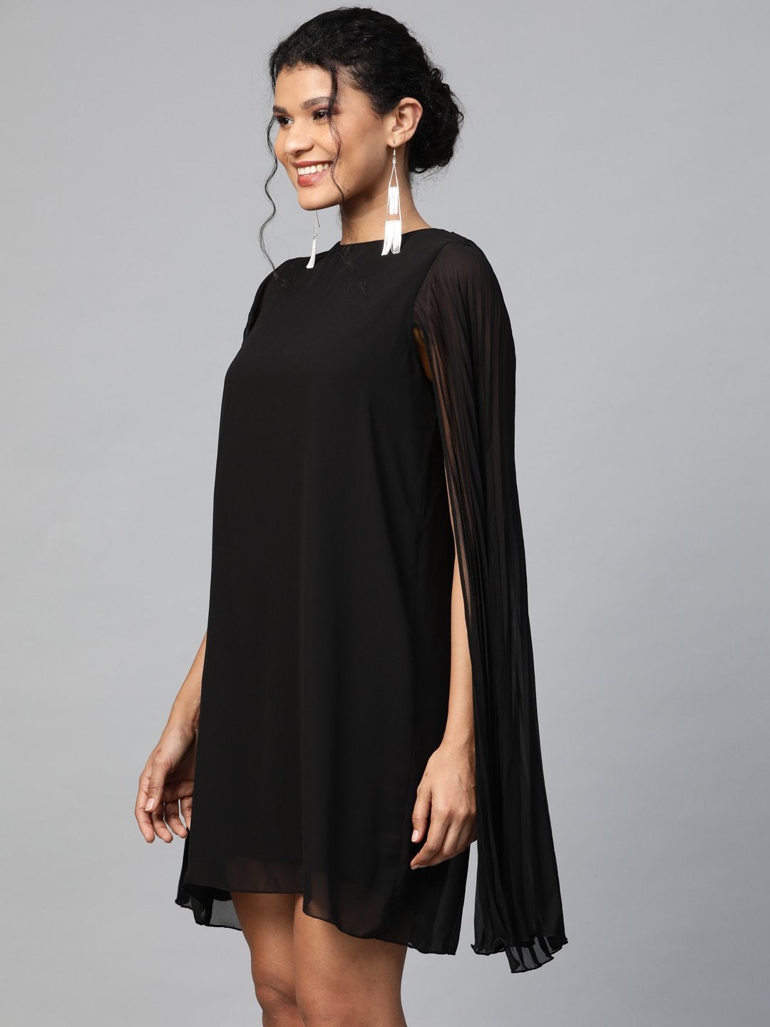 Women's Black Pleated Cape Dress - SASSAFRAS