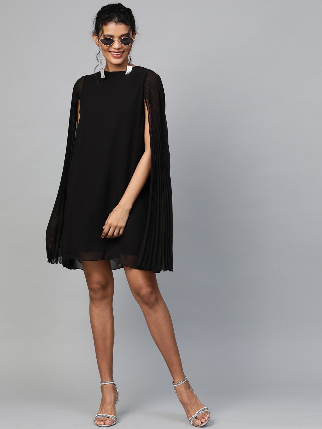 Women's Black Pleated Cape Dress - SASSAFRAS