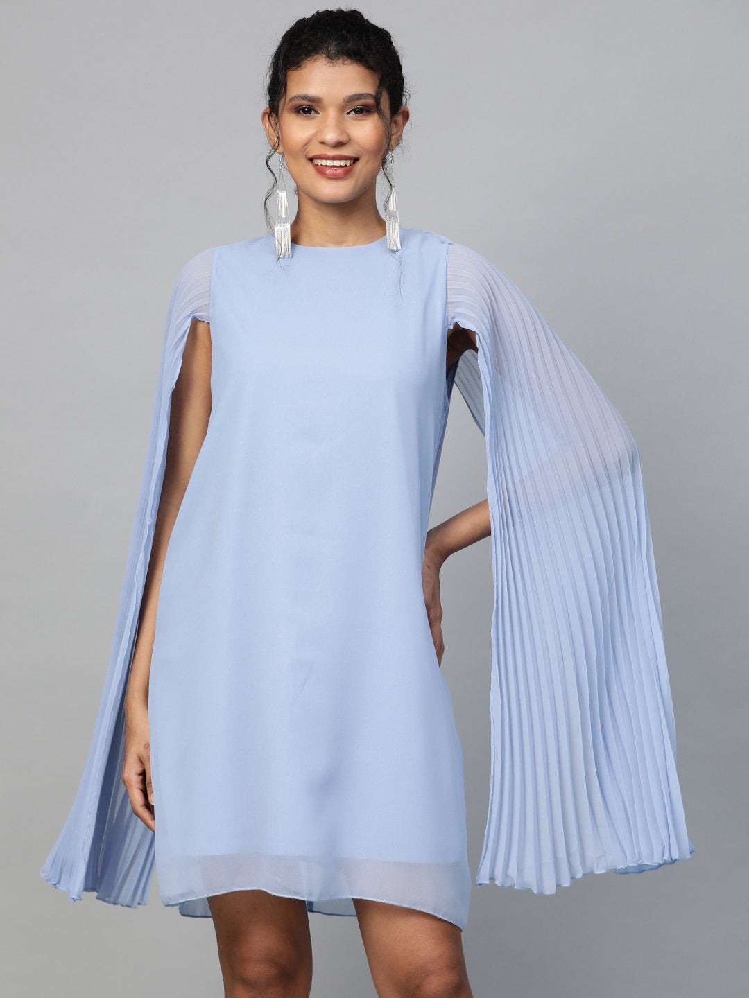 Women's Blue Pleated Cape Dress - SASSAFRAS