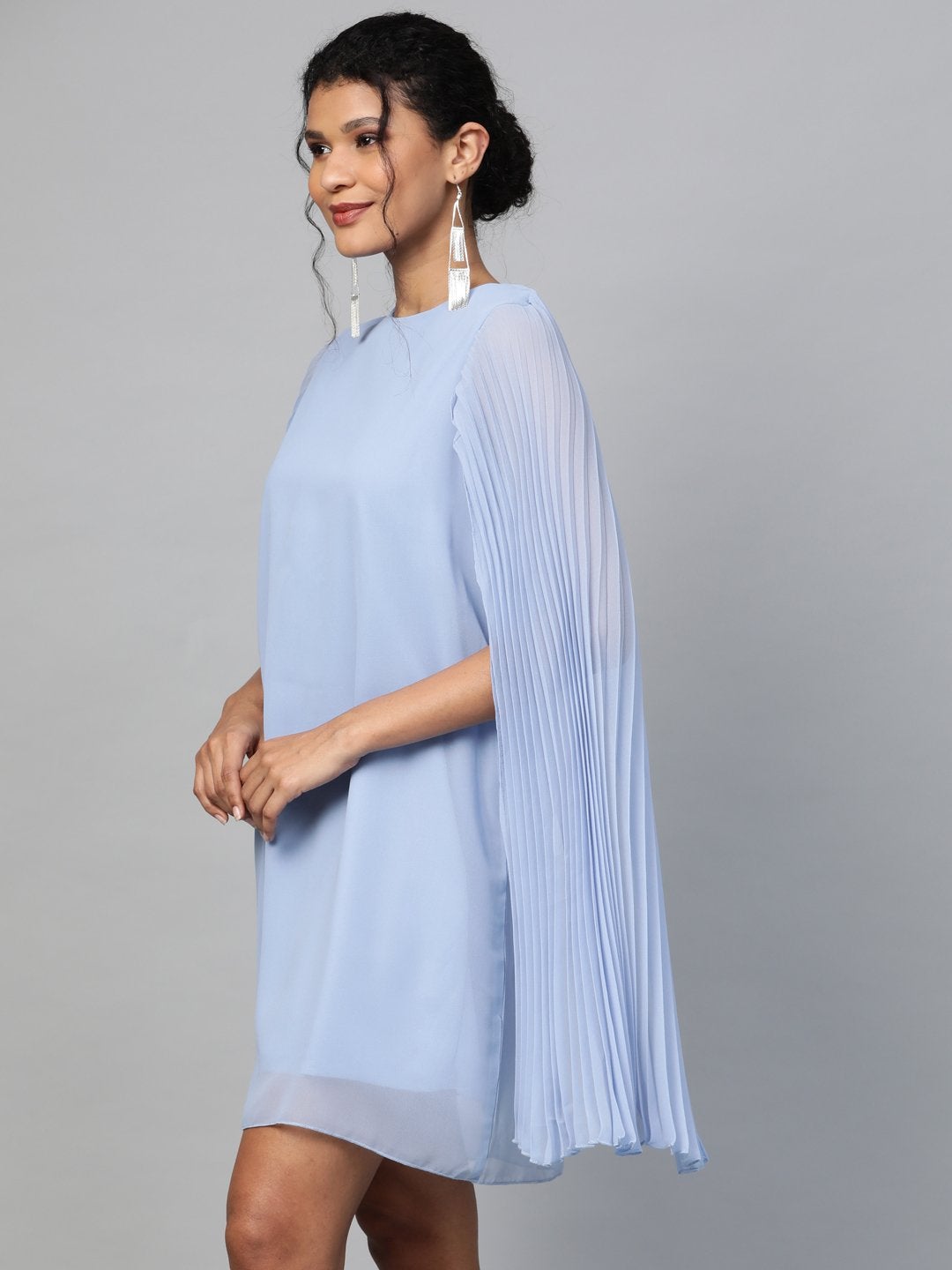 Women's Blue Pleated Cape Dress - SASSAFRAS