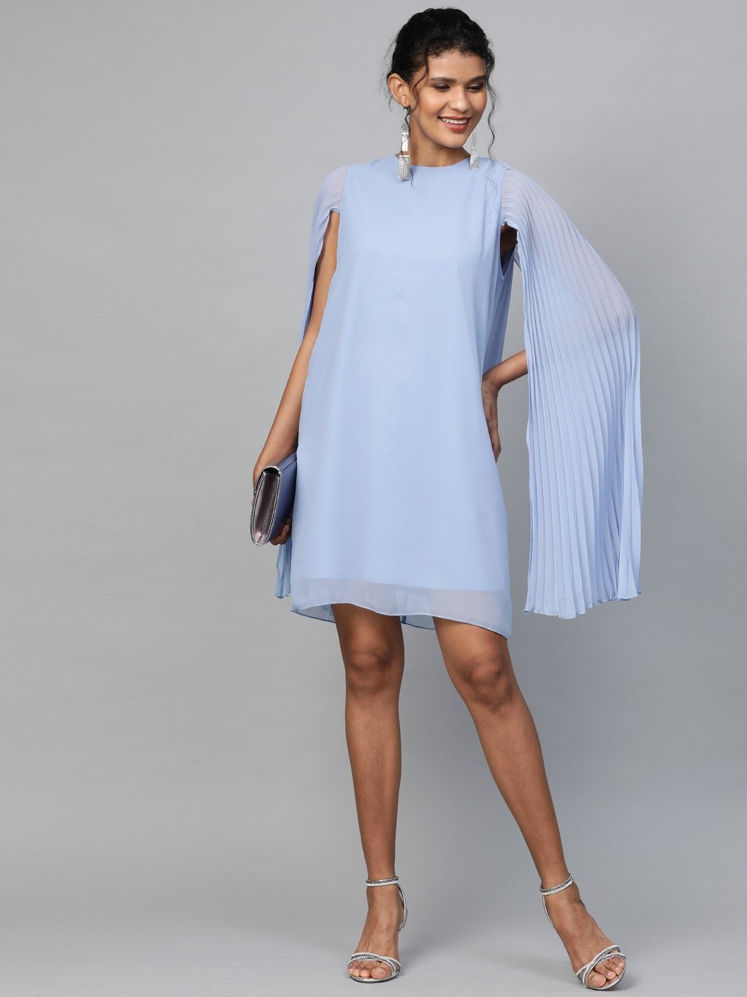 Women's Blue Pleated Cape Dress - SASSAFRAS