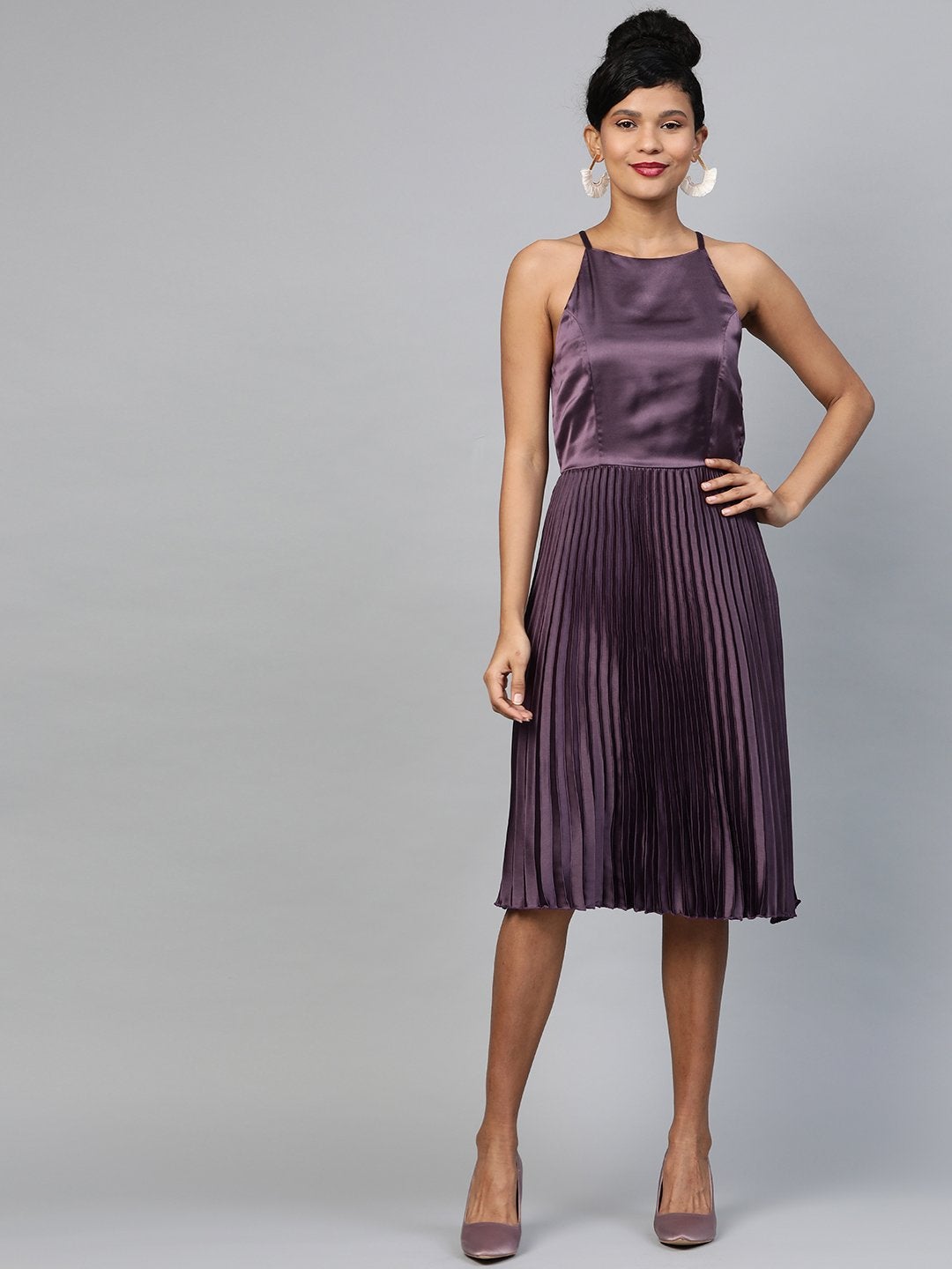 Women's Purple Halter Neck Pleated Satin Dress - SASSAFRAS