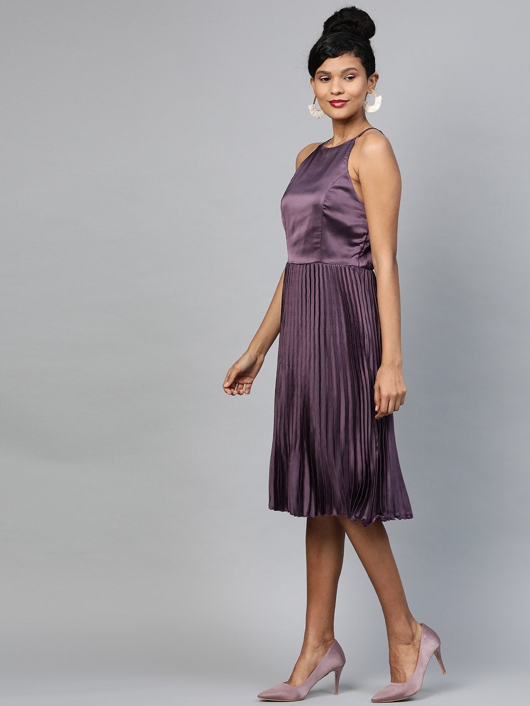 Women's Purple Halter Neck Pleated Satin Dress - SASSAFRAS