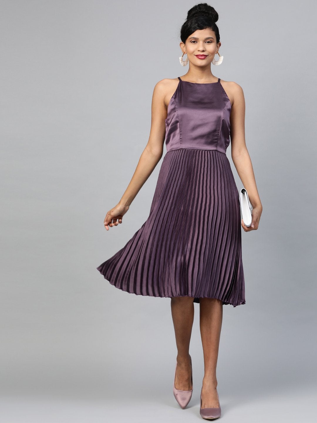 Women's Purple Halter Neck Pleated Satin Dress - SASSAFRAS