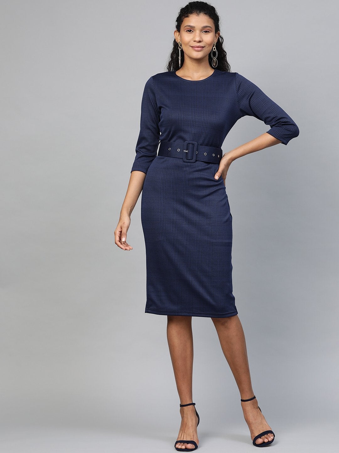 Women's Navy Jacquard Check Bodycon Belted Dress - SASSAFRAS