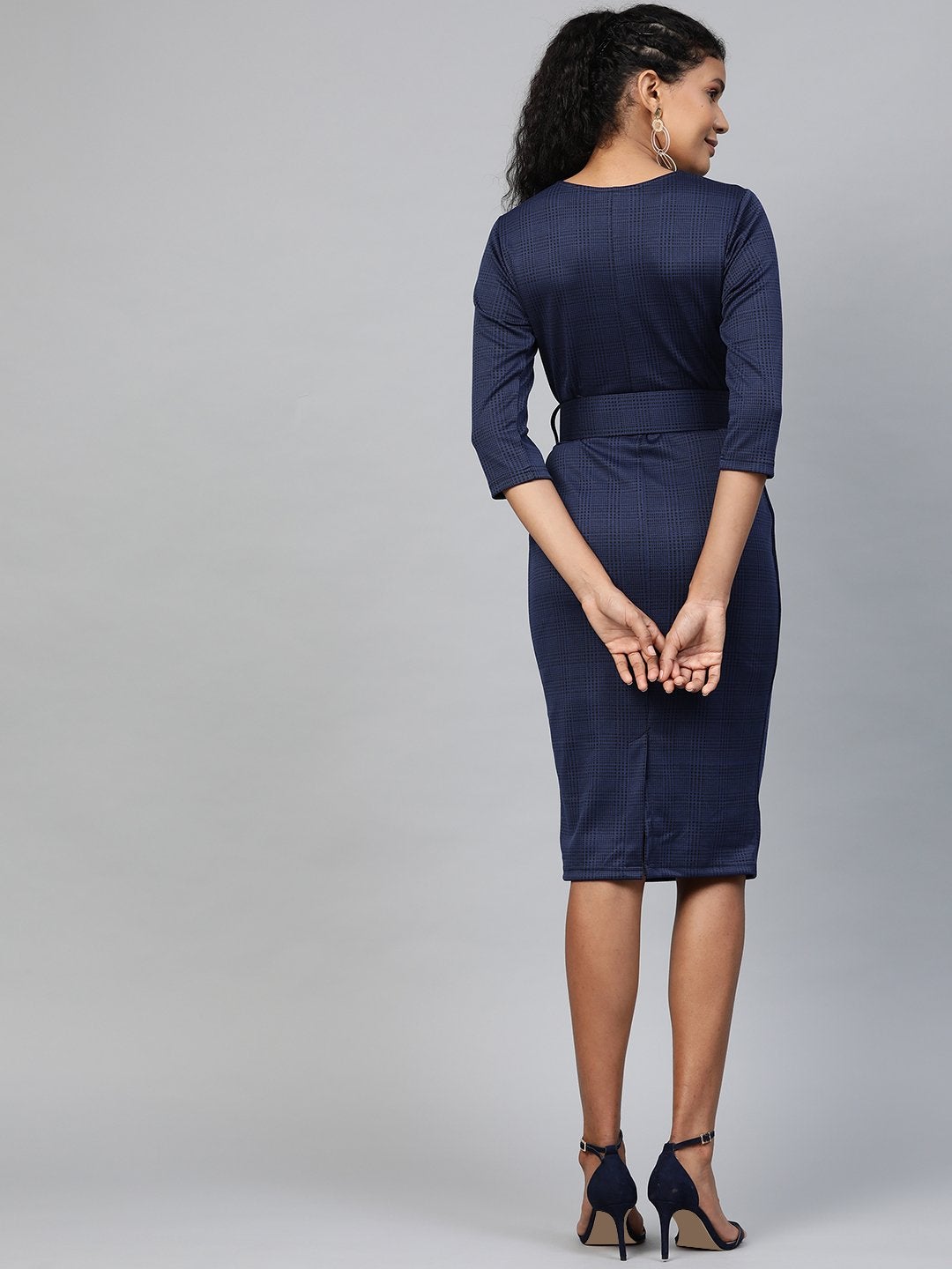 Women's Navy Jacquard Check Bodycon Belted Dress - SASSAFRAS