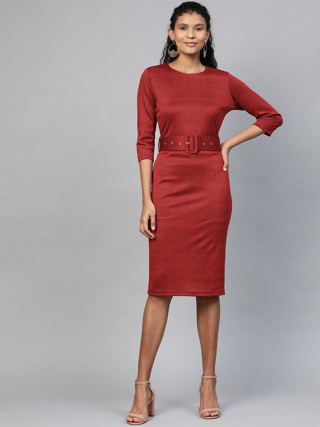 Women's Red Jacquard Check Bodycon Belted Dress - SASSAFRAS