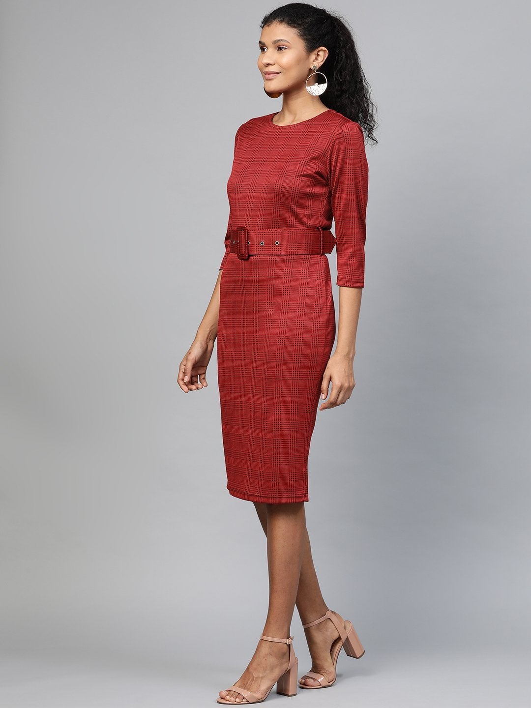 Women's Red Jacquard Check Bodycon Belted Dress - SASSAFRAS