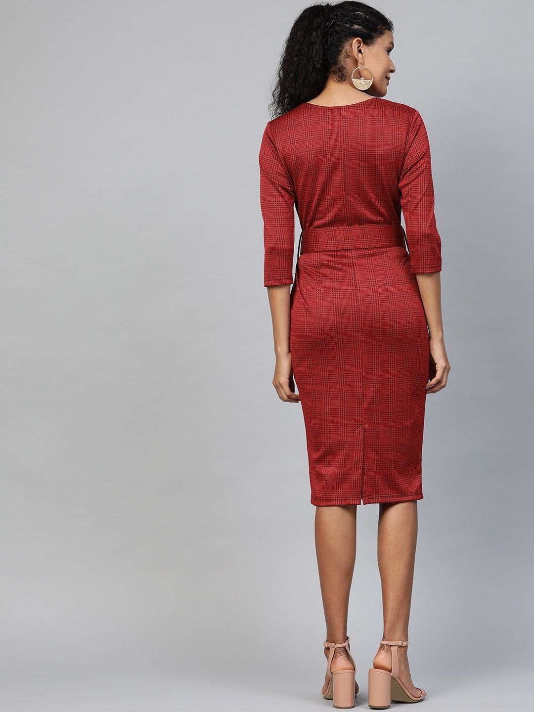 Women's Red Jacquard Check Bodycon Belted Dress - SASSAFRAS