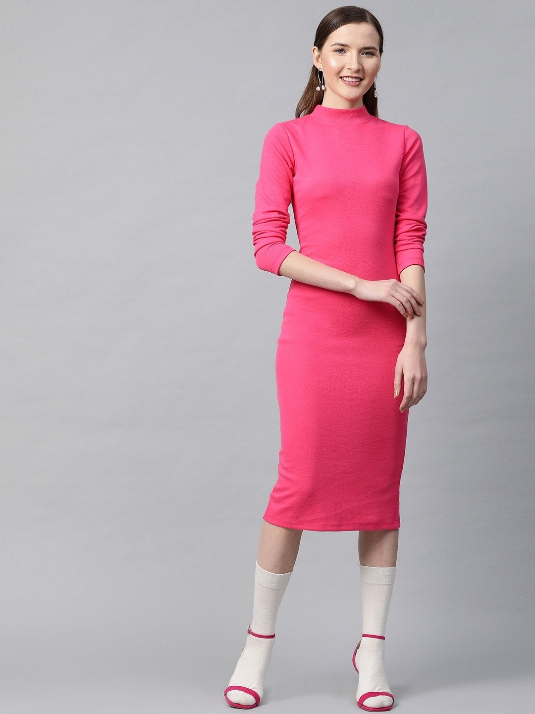 Women's Fuchsia Rib Full Sleeve Bodycon Dress - SASSAFRAS