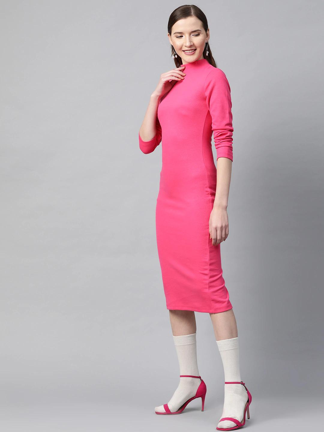 Women's Fuchsia Rib Full Sleeve Bodycon Dress - SASSAFRAS