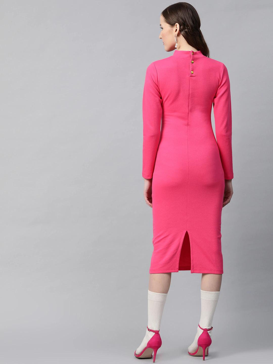 Women's Fuchsia Rib Full Sleeve Bodycon Dress - SASSAFRAS