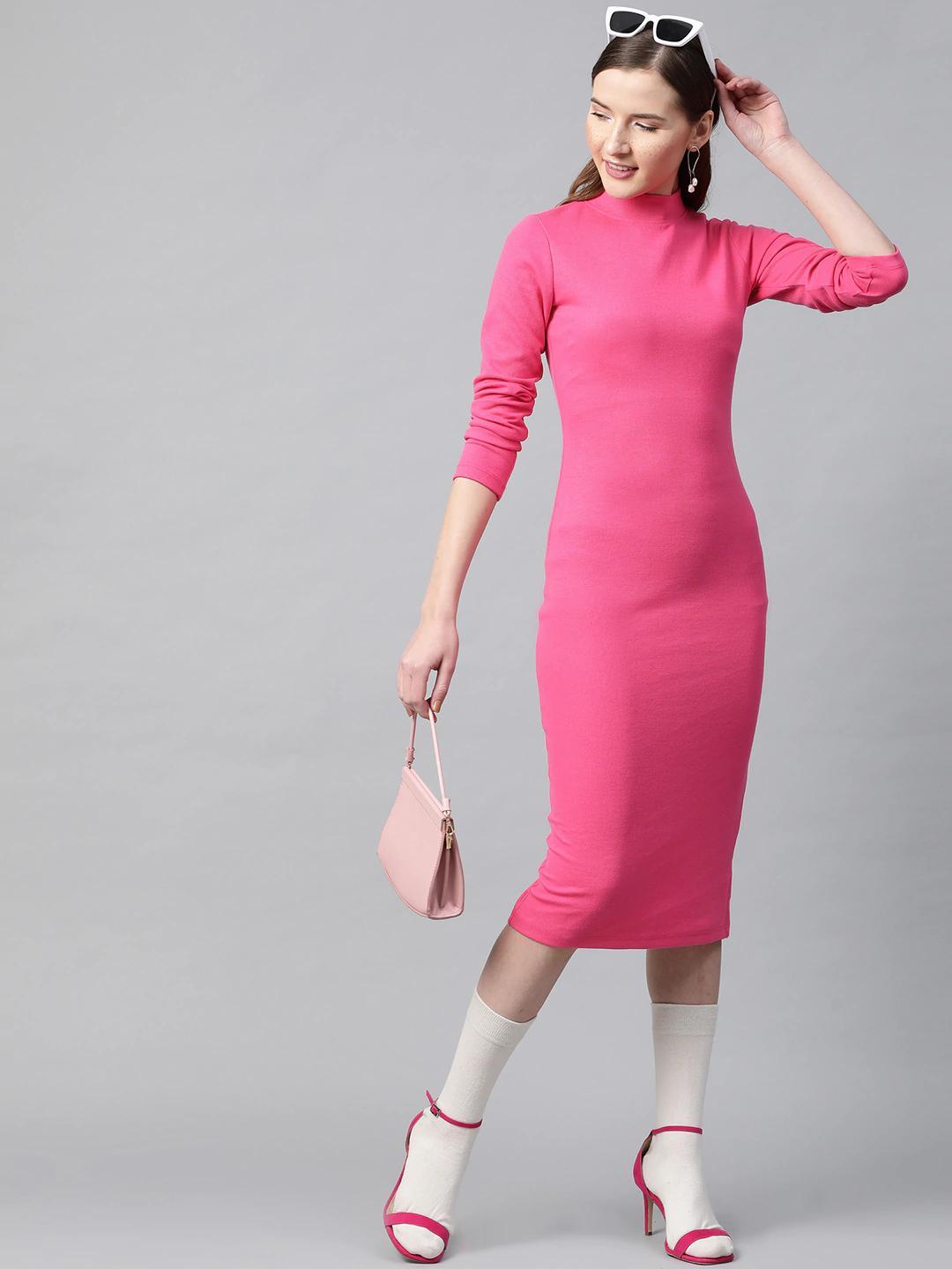 Women's Fuchsia Rib Full Sleeve Bodycon Dress - SASSAFRAS