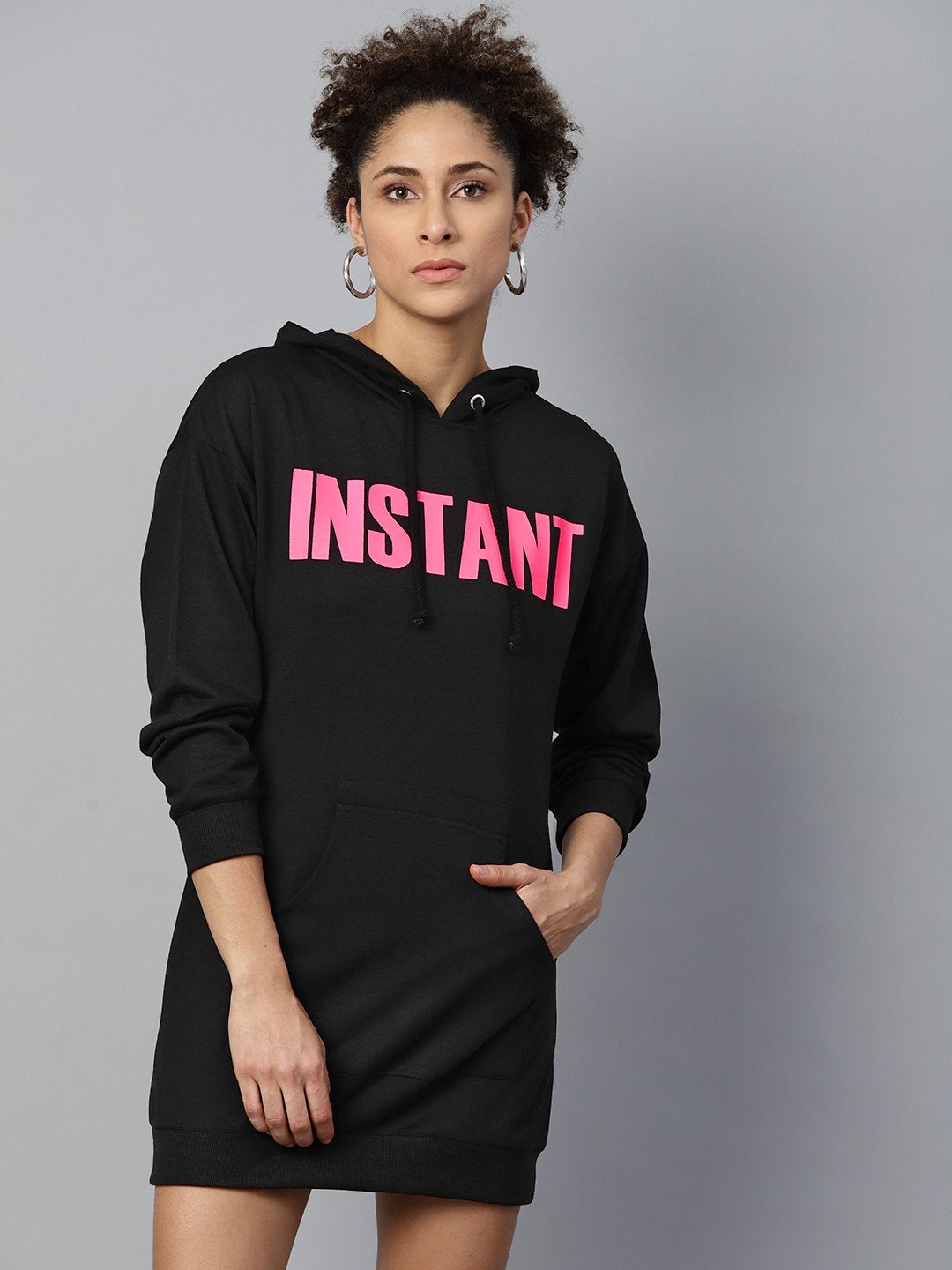 Women's Black Terry Instant-Print Hoodie Sweat Dress - SASSAFRAS